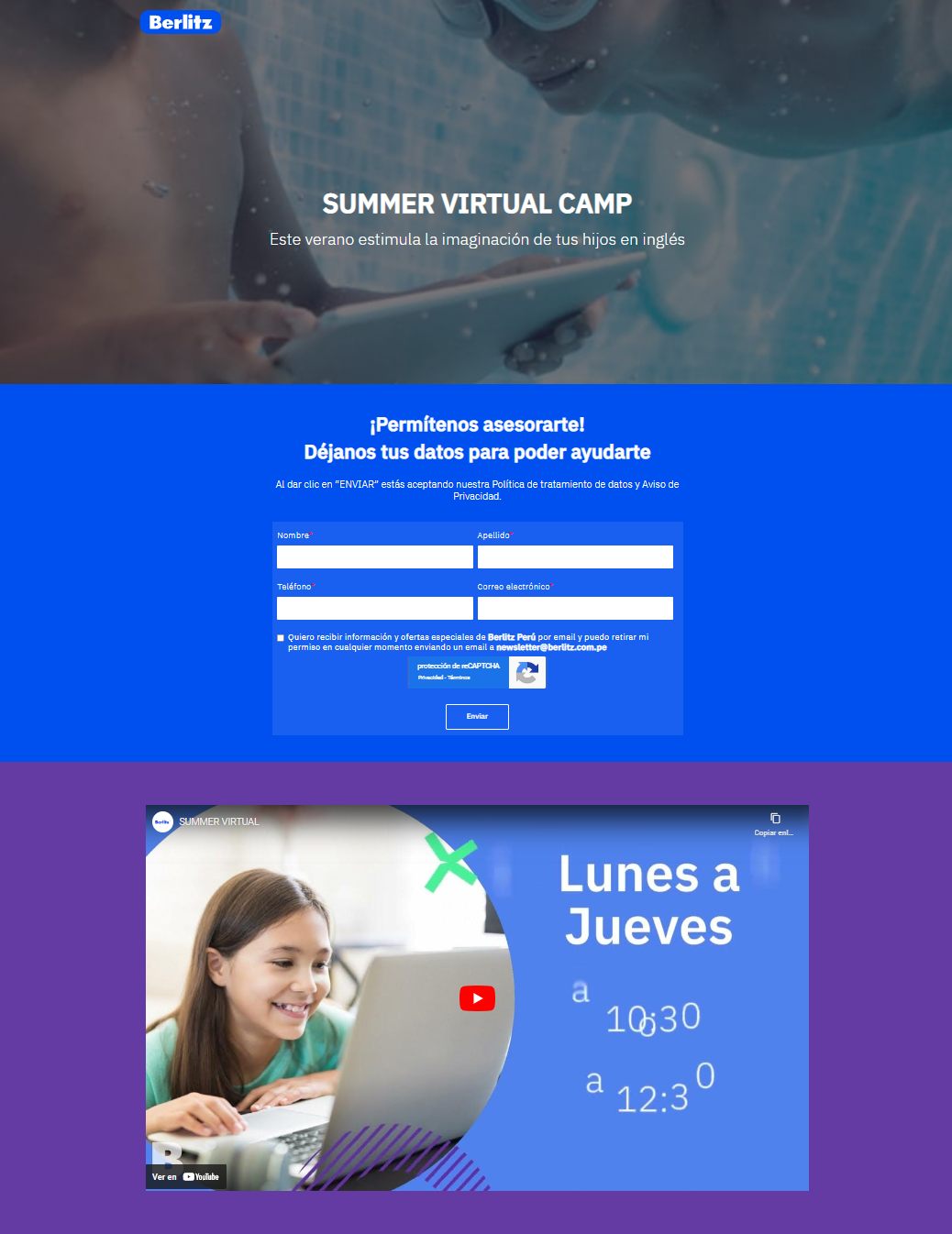 Landing page del programa summer camp de Berlitz